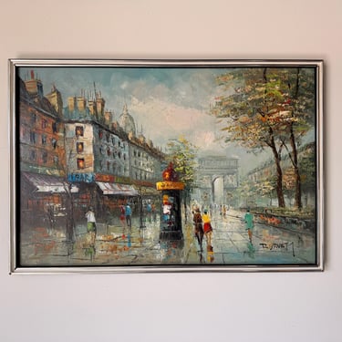 Vintage Burnett Parisian Street Scene Oil on Canvas Painting – Framed 