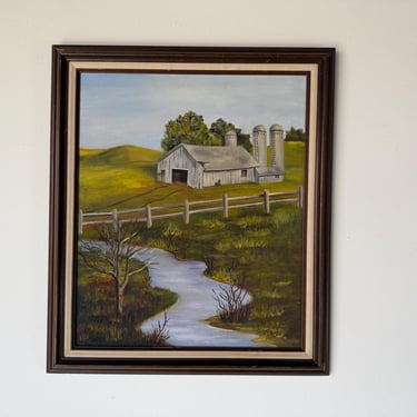 1970’s Vintage Impressionist Farm River Landscape Oil on Canvas Painting, Framed 