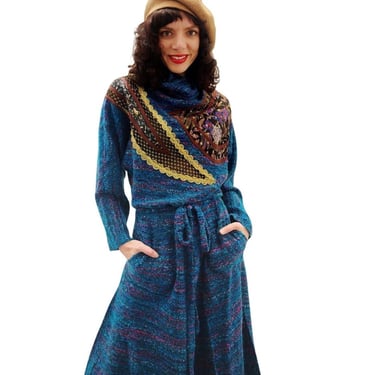 Vintage 1980s KOOS VAN der AKKER Dress Blue Green Knit Floral Applique Gold Trim 