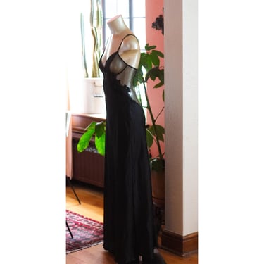 Vintage Scoop-Back Slip Dress in Black - Frederick's of Hollywood - 1990s, Y2K - Floral Applique - Vintage Lingerie, Nightgown, Maxi Dress 