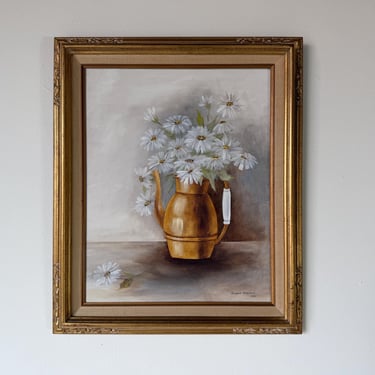 1981 Donna Kasten Still Life Daisies & Brass Pitcher Oil on Canvas Painting, Framed 