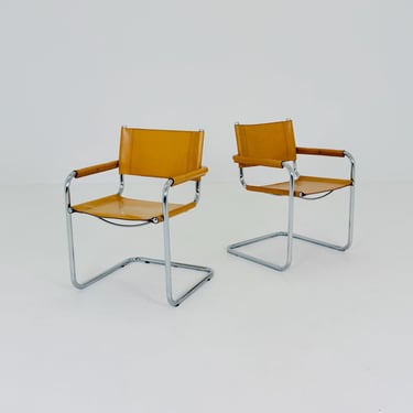 set of 2  Mid century Bauhaus Leather b34 armchairs by Mart Stam & Marcel Breuer for Fasem, Italy 1985 
