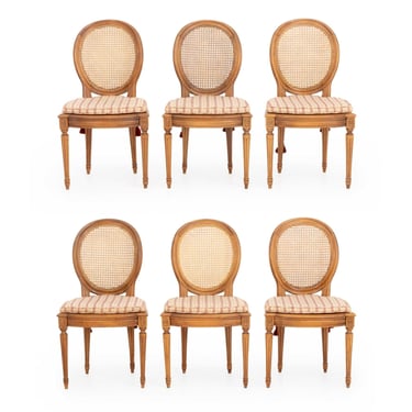 Set of Six Louis XVI Style Cane-Paneled Walnut Dining Chairs