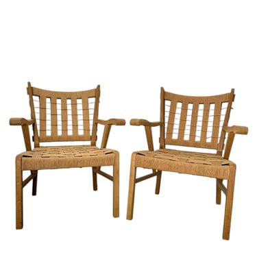 Pair of Limited Edition Franc Oak and Cord Arm Chairs