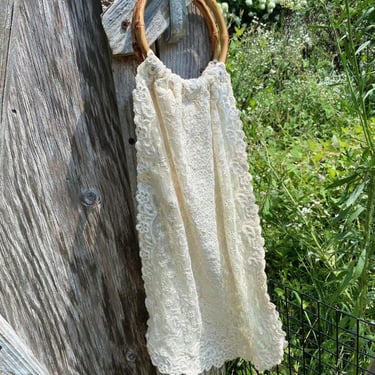 Upcycled one of a kind vintage French lace handbag with bamboo handles / vintage boho tote bag 