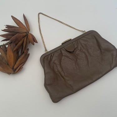 Vintage 1960s Brown Leather Clutch Bag or Gold Link Chain Strap Millay 
