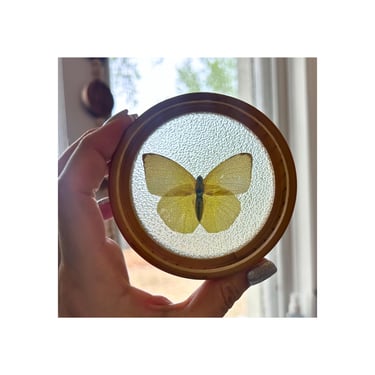Vintage Trinket Dish - 70s Bamboo & Butterfly Coaster or Wall Dresser Decor 