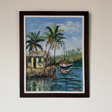 Vintage Caribbean Tropical Coastal Landscape Oil on Canvas Painting, Framed 