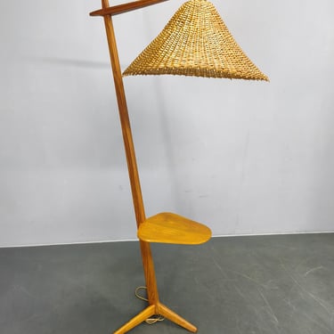Mid Century Floor Lamp Rattan Shade Wood Shelf Czechoslovakia 