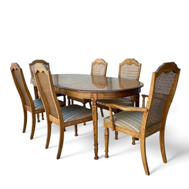 Vintage Oak Oval Extension Dining Table and Six Cane-Back Chairs 