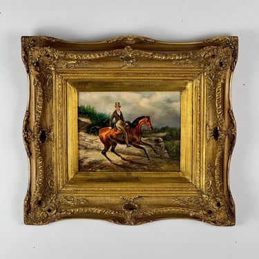 Original Antique Oil On Board Painting Of Gentleman Riding A Horse, Signed H. Hall, In Ornate Gilt Wood Frame 