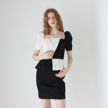 1980s Vintage Victor Costa Monochrome Black & White Cocktail Dress for Elopement / Reception / Bridal Shower / Wedding Gown 