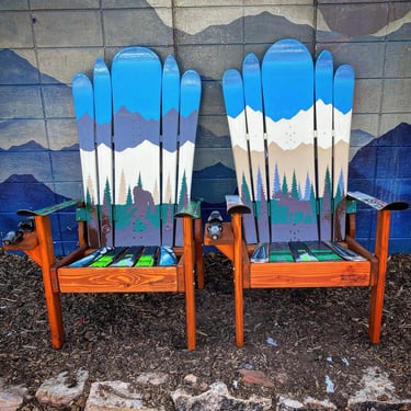 Set of 2 - Bigfoot and Moose Mountain Mural Chairs, Yard Chairs, Adirondack Hybrid Ski & Snowboard Chair, Patio Chair, Outdoor Furniture 