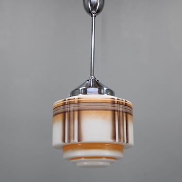 Art Deco Chrome Glass Pendant Light Restored 1930s Napako Functionalist Ceiling Lamp US Compatible 