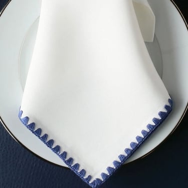 "Orly" White Linen Napkins with Embroidered Trim by E. Braun Linens, Blue, Set of 6