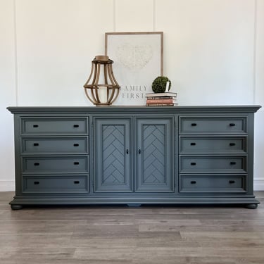Stunning blue - grey triple dresser / buffet / credenza / sideboard from Broyhill premier 80&rdquo; long 