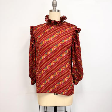 Vintage 80s Oscar de la Renta Prairie Blouse with Ruffled Neck and Shoulders | Size 14 