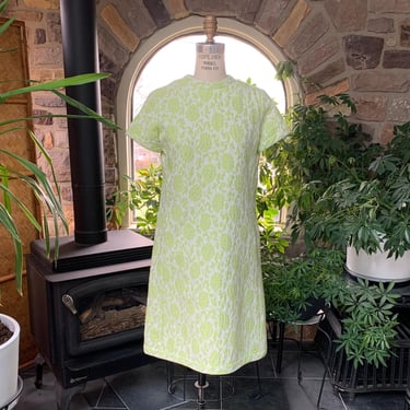 Vintage 1960s Green and White Textured Dress Don Sophisticates Carol Brady Style 
