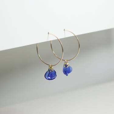 Sustainable Customizable 14k Gold-Filled Blue Hoops Earrings Handmade with 100% Recycled Materials. Floral Pendant. Up-cycled and Light 