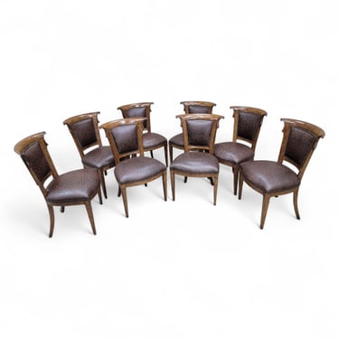 NEW - English Regency Styled Ash Wood Patterned Brown Leather Upholstered Nail Head Trim Dining Chairs - Set of 8