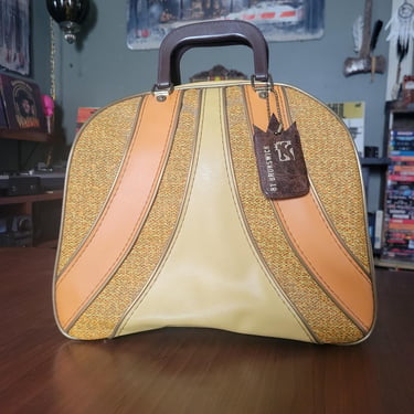 Retro 70s Bowling Ball Bag, Vintage Brown Vinyl Brown, Orange, Yellow Groovy 1970s Decor 