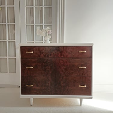 Vintage mid century art deco dresser, bureau, natural wood and white dresser.  Vintage modern dresser nj nyc 