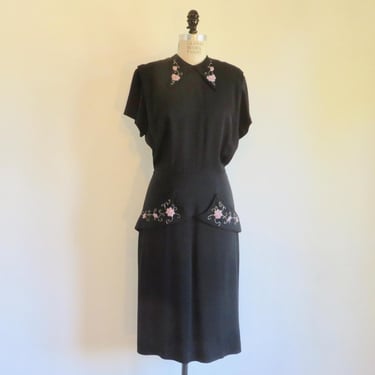 1940's Black Beaded Formal Dress: Peplum, Floral Beading,Short Sleeves, WW2 Era, Rockabilly Swing 29