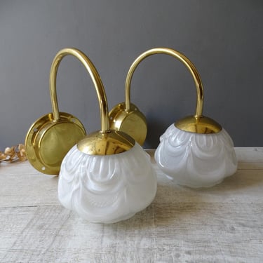 Antique French Sixties  Brass  Wall Sconces,with white glass shades . 