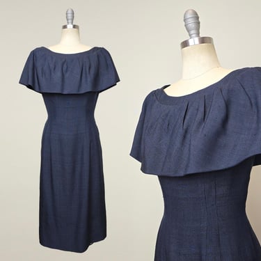 1950s Dress / 1950s Silk Dress by Edith Small / 1960s Cocktail Dress / Midnight Blue Dress / 1960s Sheath Dress / Size Small 