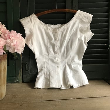 French White Cache Corset, Cotton Camisole, Bodice, Monogram, Summer Blouse, Extra Small 