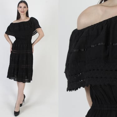 Black Mexican Off The Shoulder Dress, Vintage Cotton Sundress 