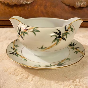 1960s Bali Hai Bamboo Pattern Vintage  Tropical Gravy Boat attached Underplate~ Elegant Beach Porcelain China~ By the Sea Fine Dining Dishes 