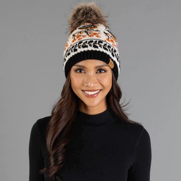 Black & Cream Bird Pattern Knit Pom Hat