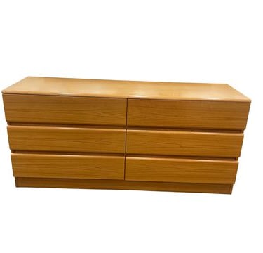 6-drawer teak dresser, 30H. 66W. 19.5D.