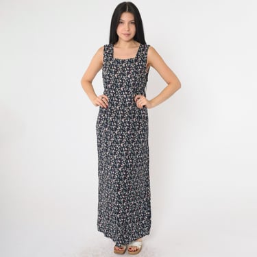 90s Floral Maternity Dress Vintage Navy Blue Flower SunDress Boho Sun Bohemian High Waist Maxi 1990s Sleeveless Square Neck Large xl 