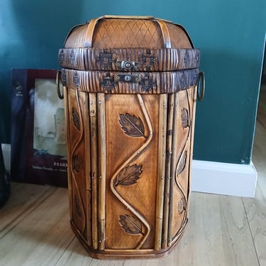 Vintage Bamboo Wood Hand Crafted Decorative Storage with Leaves Details and Handles 