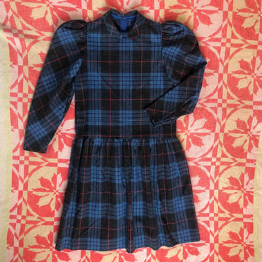 Vintage Plaid Dress School Girl Frock Puff Shoulders and Drop Waist Wool Blend Blue Black Long Sleeve Mini by Maison Pour Enfants 80s 1980s 