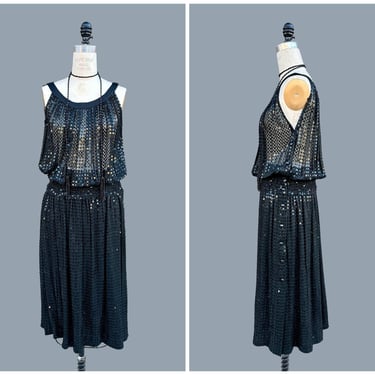 EMANUEL UNGARO Parallèle Paris 80s Sequin Sheer Dress | 1980s 20s Black Art Deco Flapper Gatsby Style Dress | Made in Italy | Size Medium 