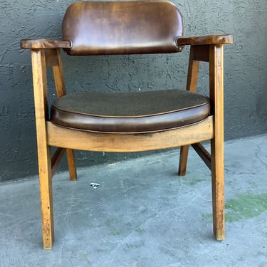 Tweed & Vinyl Back Wood Armchair