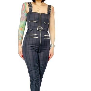 KILLER Navy Black Plaid Moto Overalls Jumpsuit by Revolve - We Wore What - size Small 