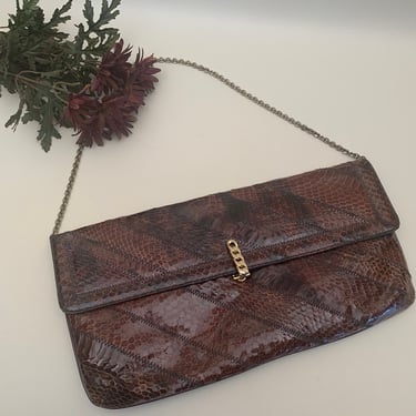 Vintage 1980s Snakeskin Clutch Bag or Shoulder Bag Original by Caprice Shades Brown 