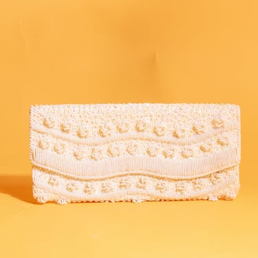 50s White Iridescent Sequin Bead Purse Vintage Snap Closure Elegant Clutch 
