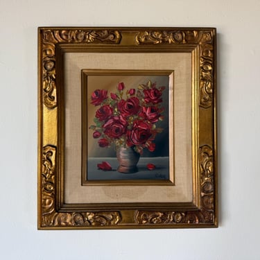 1970s Vintage Riher Red Roses Floral Still Life Oil Painting on Masonite – Framed 