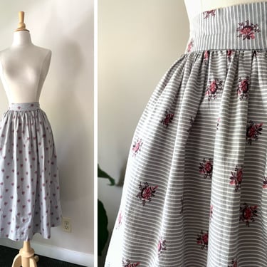 Vintage 1950s Gray Cotton Pinstripe Pink Floral Skirt | Size Small 