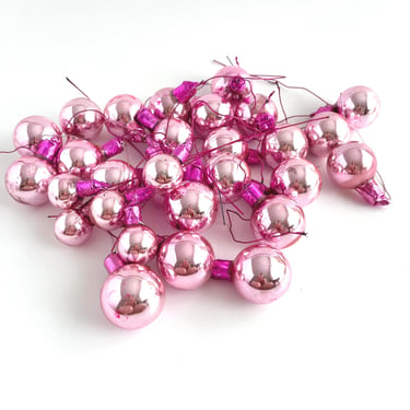 PINK CHRISTMAS ORNAMENTS, Vintage Wired Glass Balls, Set of 29, Large and Small, Wreath Supplies 