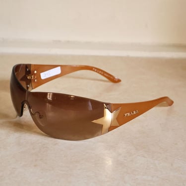PRADA 'Gold Star' Y2K Gold + Nude Shield Sunglasses with Logo Frame Tessuto Vela Polarized 2000 Minimal 