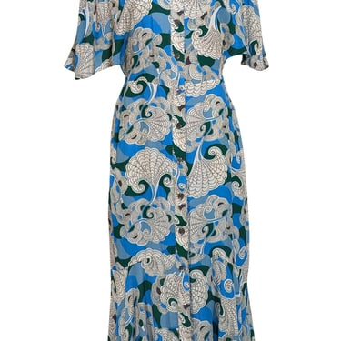 Equipment - Blue, Green, &amp; White Button Front Midi Dress Sz 6