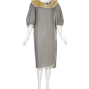 Schiaparell Vintage 1980s Grey and Chartreuse Linen Puff Sleeve Dress