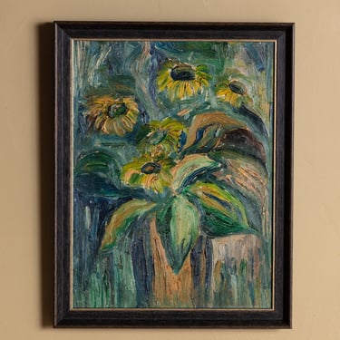Expressionist Yellow Sunflowers Impasto Oil Painting, Italy, 1940s