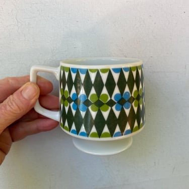 1967 Holt Howard Coffee Cup, Mid Century Modern Pedestal, Blue Green Floral 